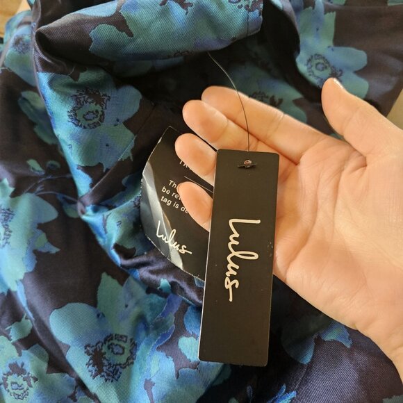 Lulus Satin Mini Dress Navy Blue Teal Pleated Floral Fit n Flare Sz M NWT Formal - Picture 6 of 11